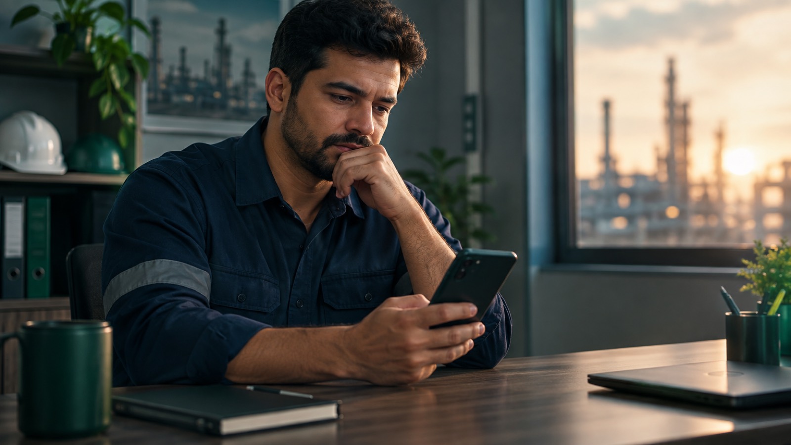 Gestor de segurança consultando o celular no escritório da planta