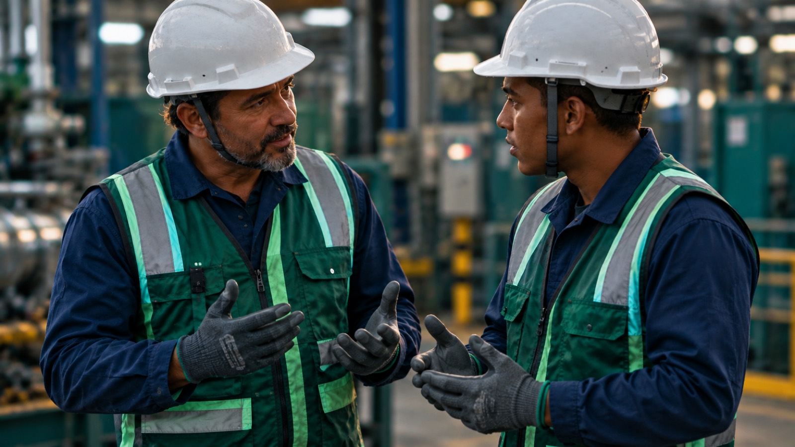 Dois trabalhadores conversam sobre segurança dentro da instalação industrial